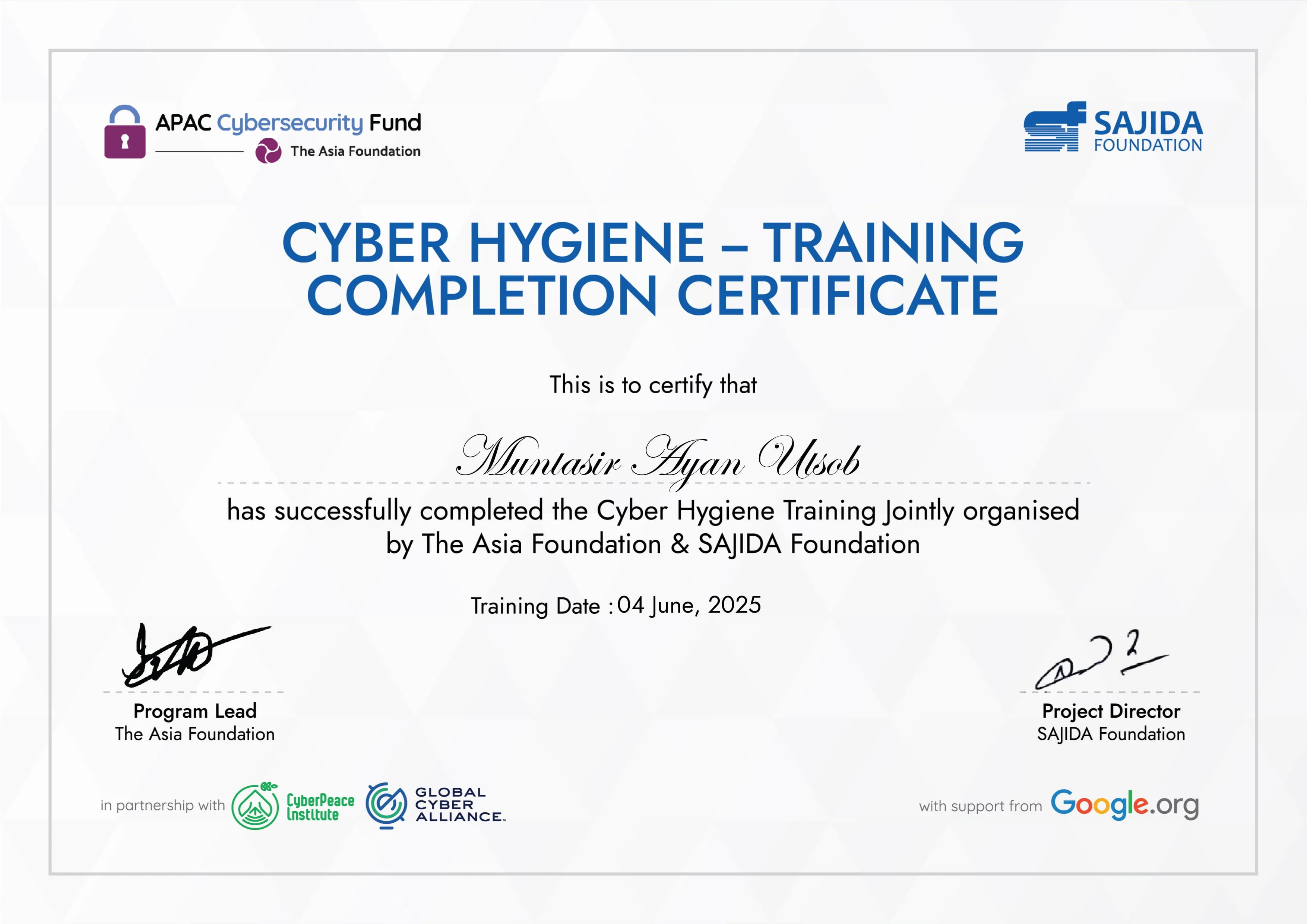 Cyber Hygienr Traing Comple tion Certificate